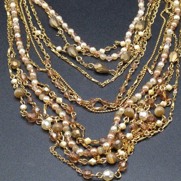 Multistrand Topaz Faux Pearl Gold Necklace, 9 Strands, Layering, 16 Inches - Picture 13 of 13